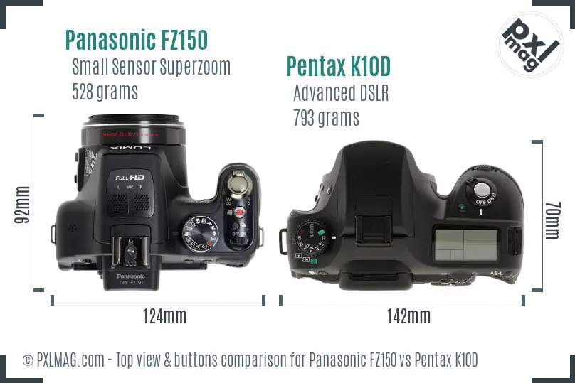 Panasonic FZ150 vs Pentax K10D top view buttons comparison