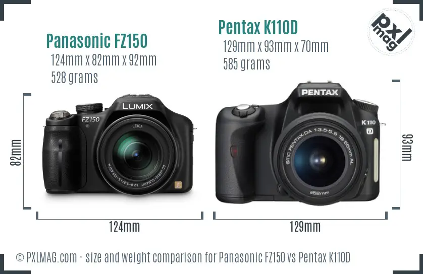 Panasonic FZ150 vs Pentax K110D size comparison