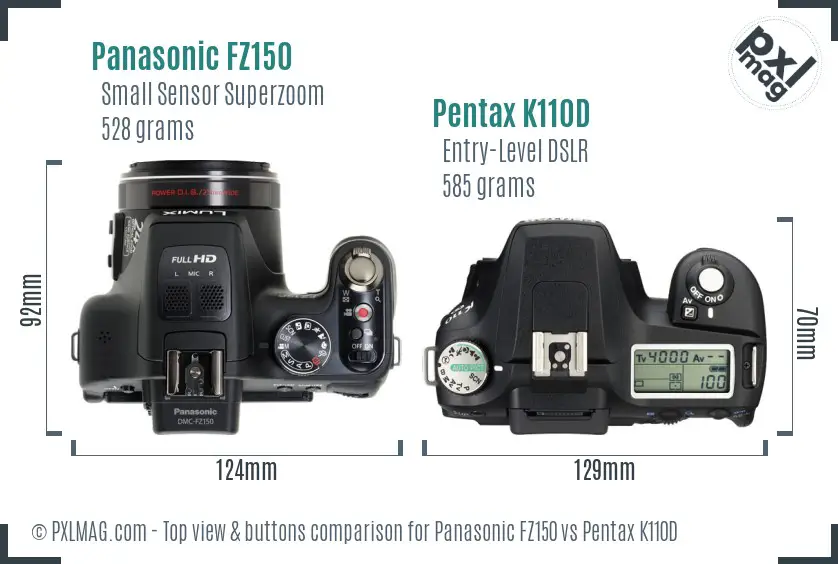 Panasonic FZ150 vs Pentax K110D top view buttons comparison