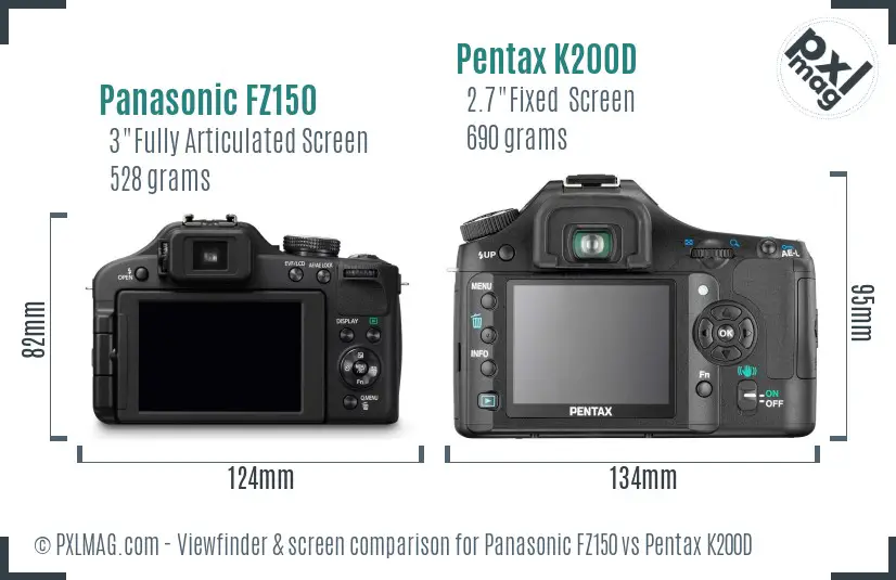 Panasonic FZ150 vs Pentax K200D Screen and Viewfinder comparison