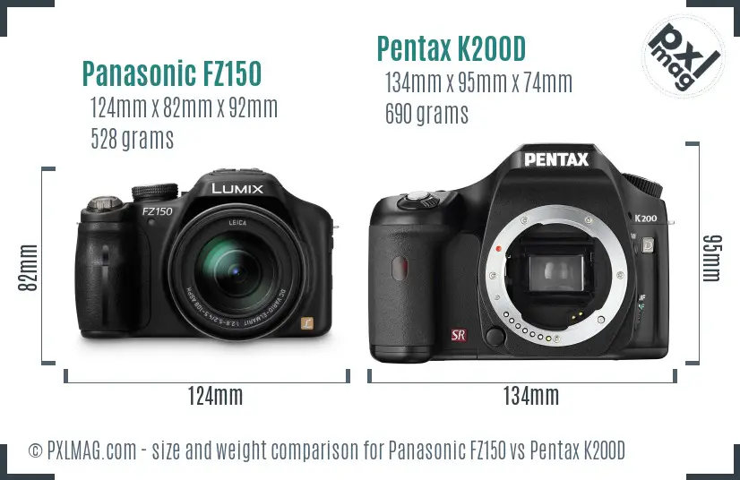 Panasonic FZ150 vs Pentax K200D size comparison