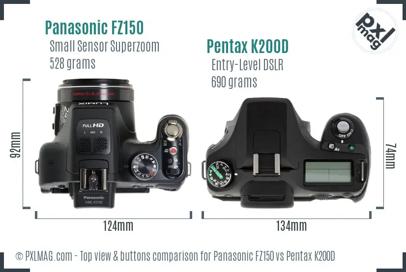 Panasonic FZ150 vs Pentax K200D top view buttons comparison