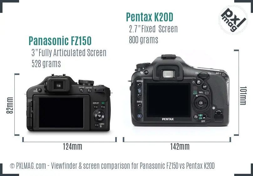 Panasonic FZ150 vs Pentax K20D Screen and Viewfinder comparison