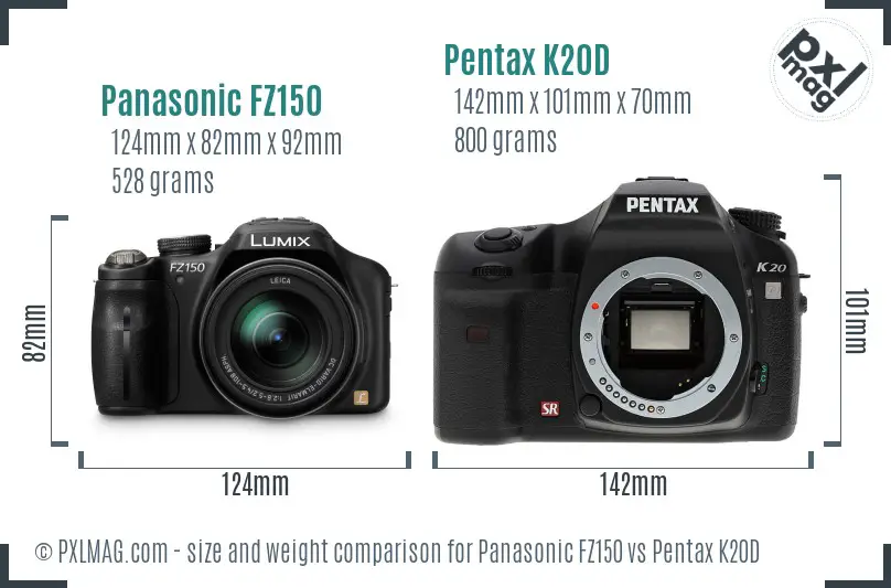 Panasonic FZ150 vs Pentax K20D size comparison