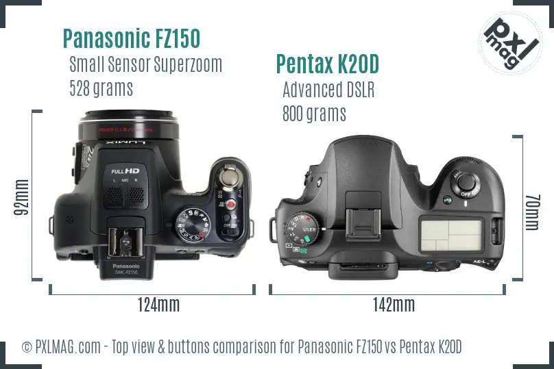 Panasonic FZ150 vs Pentax K20D top view buttons comparison