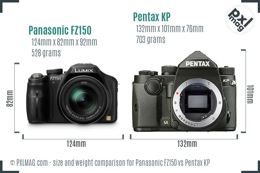 Panasonic FZ150 vs Pentax KP size comparison