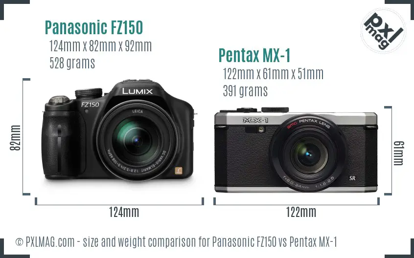 Panasonic FZ150 vs Pentax MX-1 size comparison