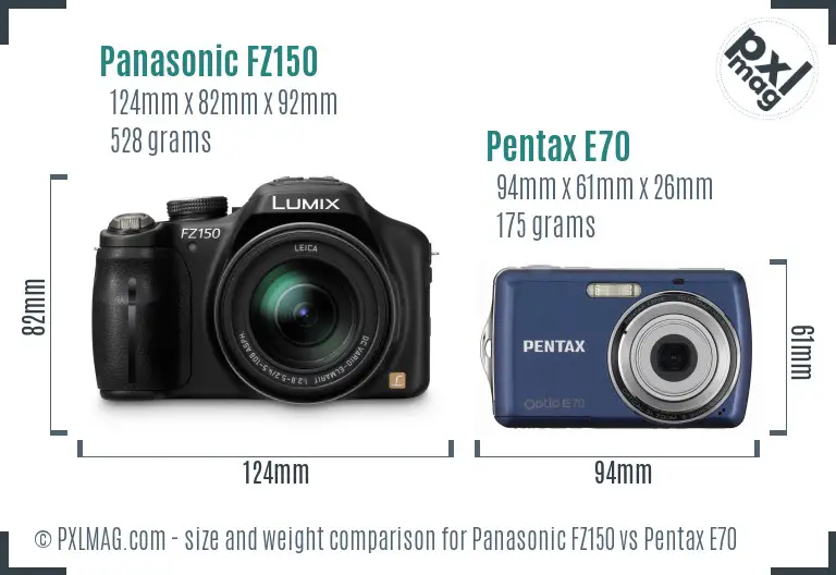 Panasonic FZ150 vs Pentax E70 size comparison