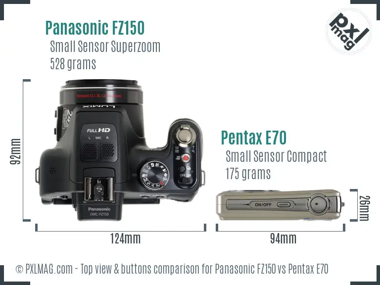 Panasonic FZ150 vs Pentax E70 top view buttons comparison