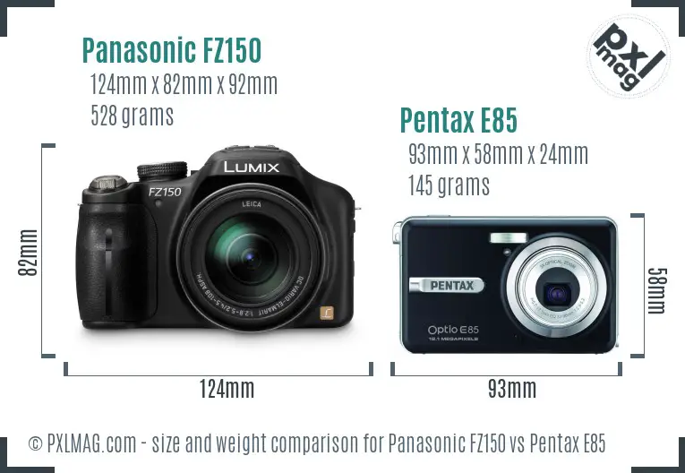 Panasonic FZ150 vs Pentax E85 size comparison