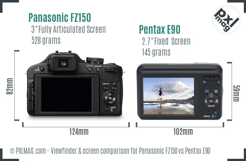Panasonic FZ150 vs Pentax E90 Screen and Viewfinder comparison