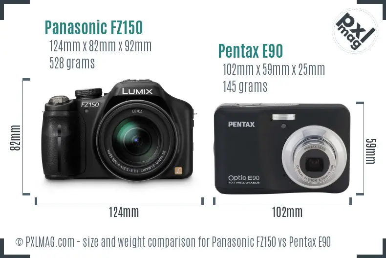 Panasonic FZ150 vs Pentax E90 size comparison