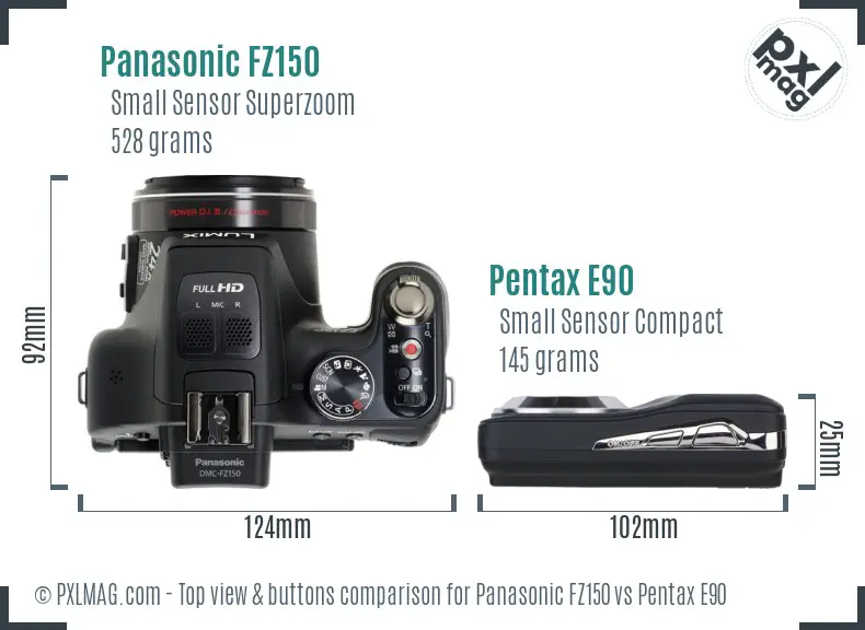 Panasonic FZ150 vs Pentax E90 top view buttons comparison