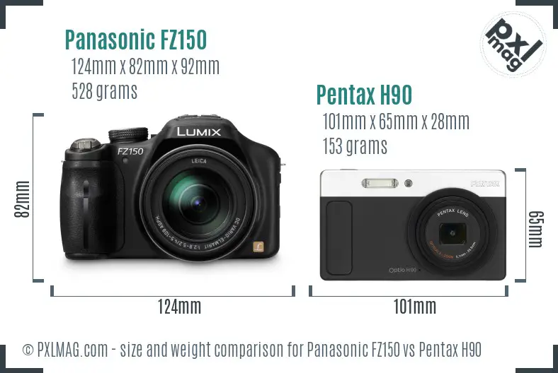 Panasonic FZ150 vs Pentax H90 size comparison