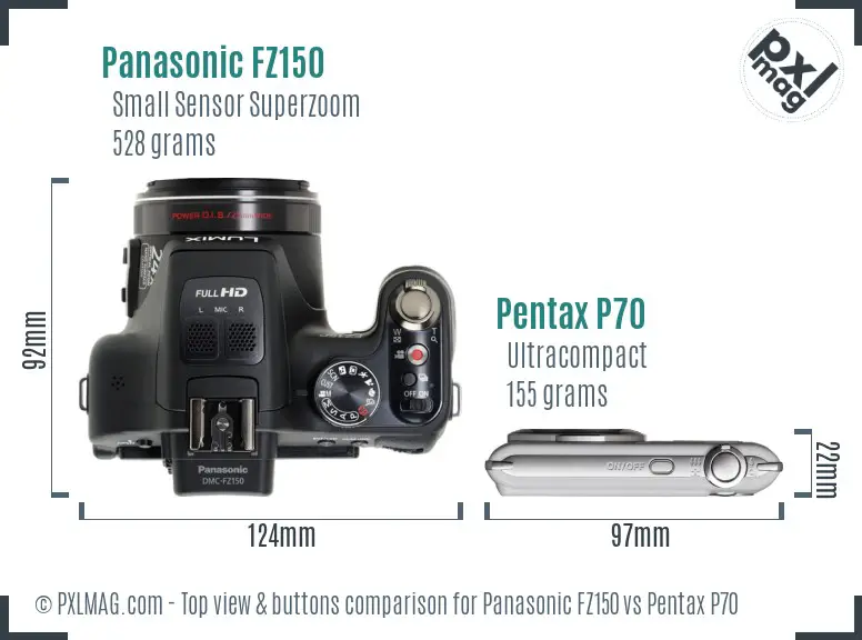 Panasonic FZ150 vs Pentax P70 top view buttons comparison