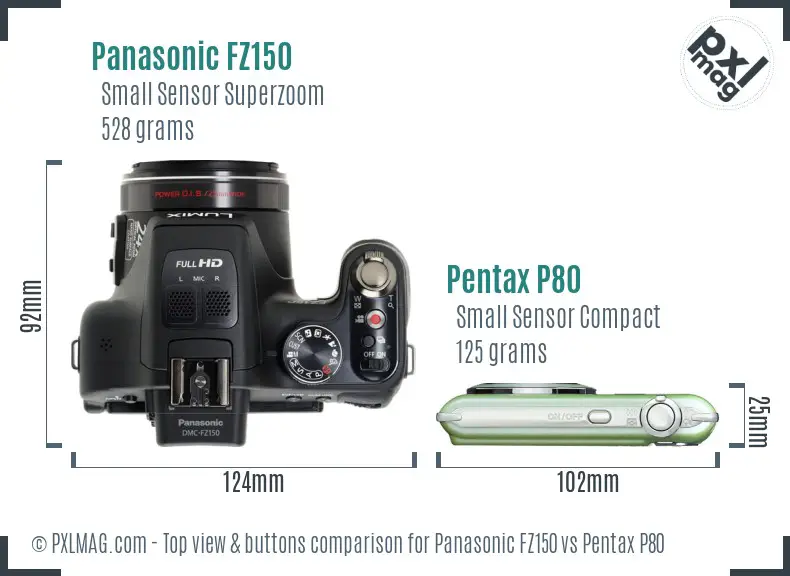 Panasonic FZ150 vs Pentax P80 top view buttons comparison