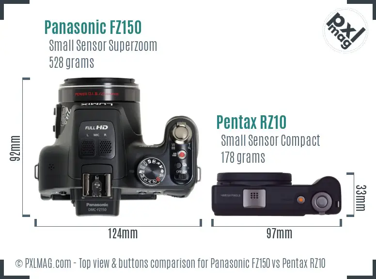 Panasonic FZ150 vs Pentax RZ10 top view buttons comparison