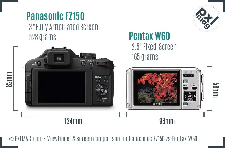 Panasonic FZ150 vs Pentax W60 Screen and Viewfinder comparison