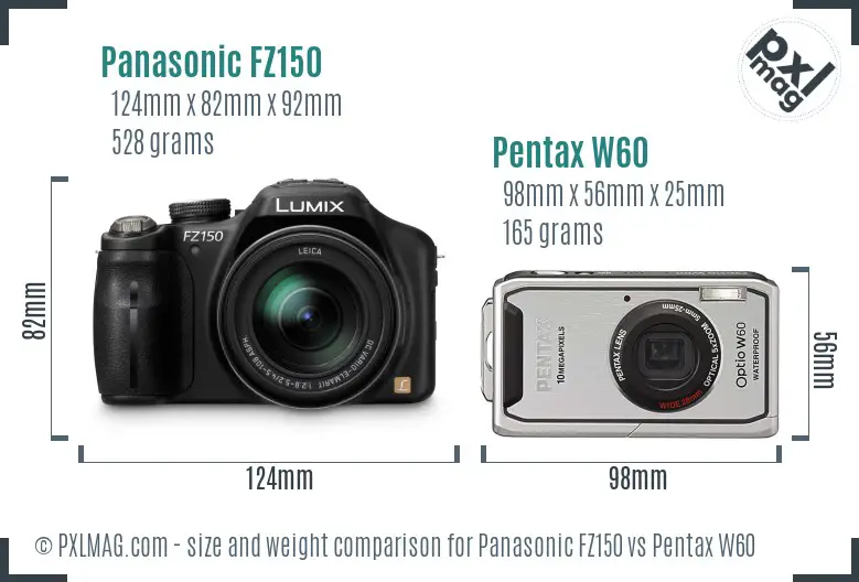 Panasonic FZ150 vs Pentax W60 size comparison