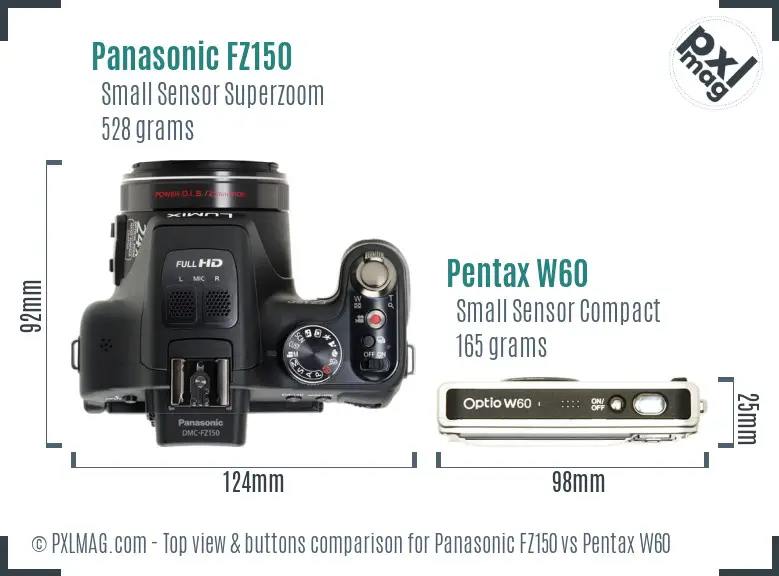 Panasonic FZ150 vs Pentax W60 top view buttons comparison