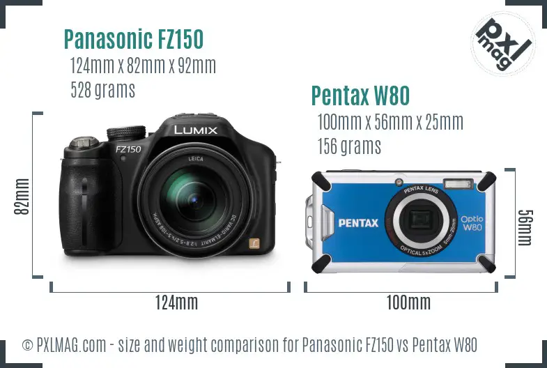 Panasonic FZ150 vs Pentax W80 size comparison