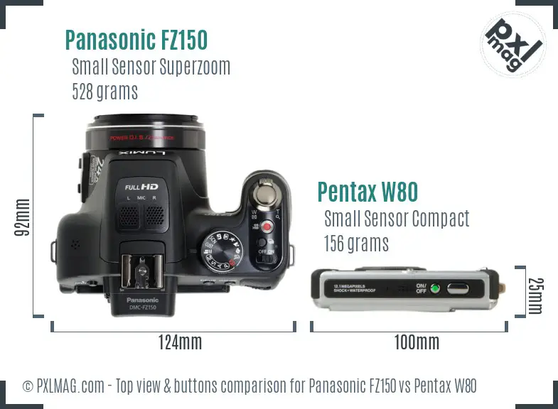 Panasonic FZ150 vs Pentax W80 top view buttons comparison