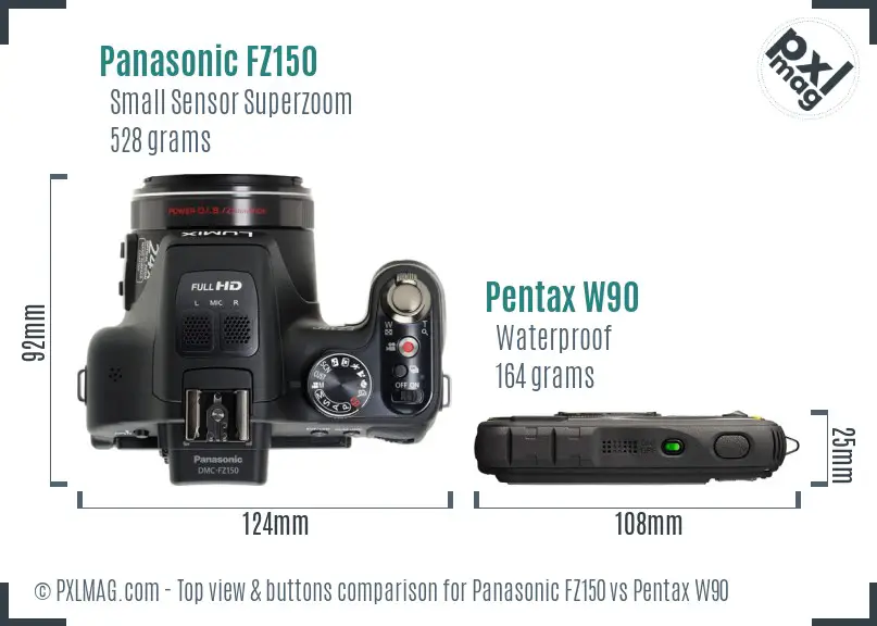 Panasonic FZ150 vs Pentax W90 top view buttons comparison