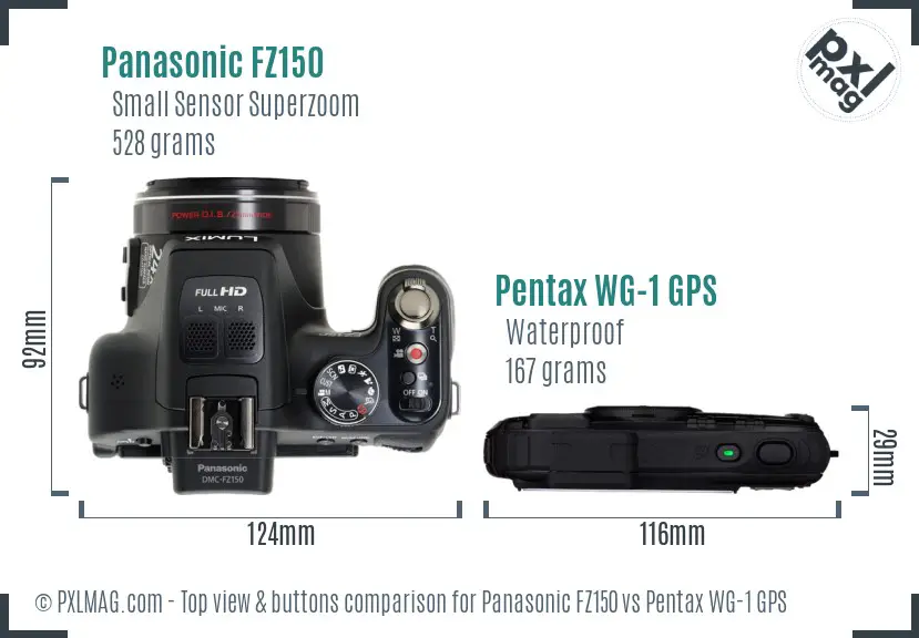 Panasonic FZ150 vs Pentax WG-1 GPS top view buttons comparison