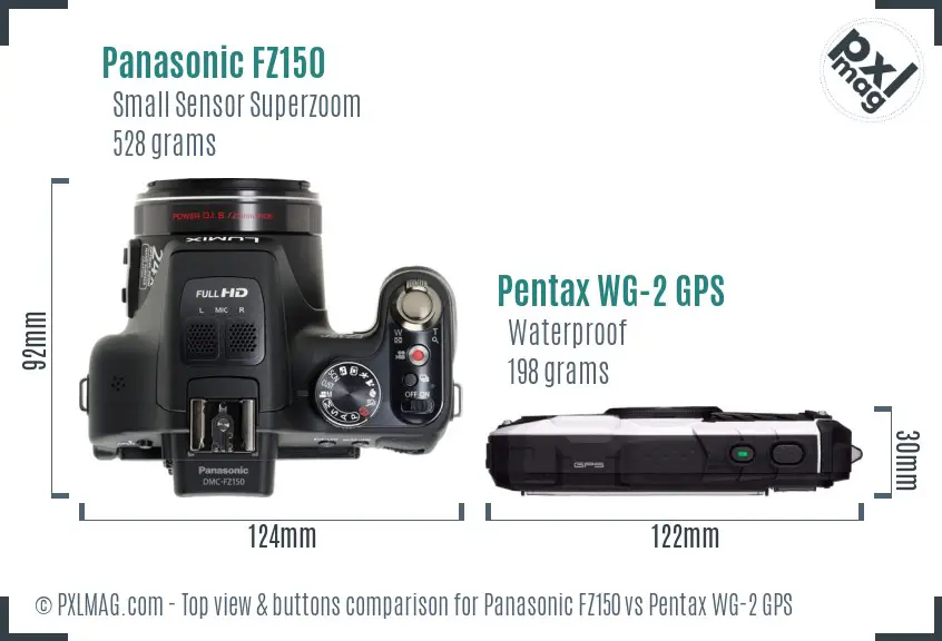 Panasonic FZ150 vs Pentax WG-2 GPS top view buttons comparison