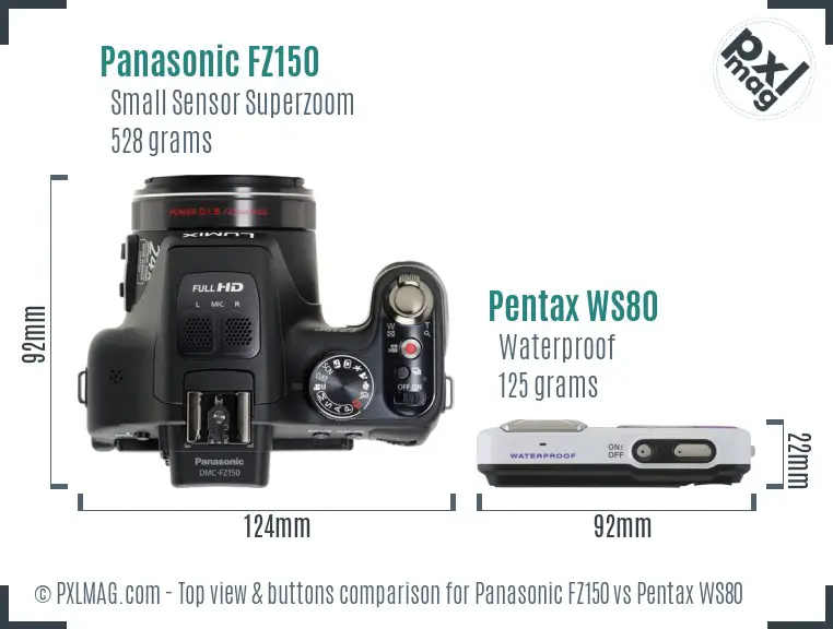 Panasonic FZ150 vs Pentax WS80 top view buttons comparison