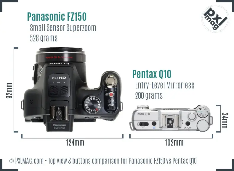 Panasonic FZ150 vs Pentax Q10 top view buttons comparison