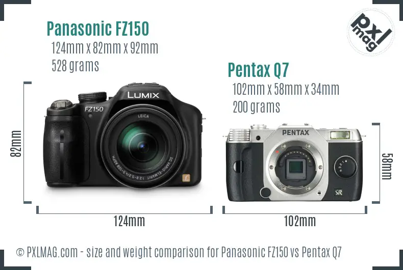 Panasonic FZ150 vs Pentax Q7 size comparison