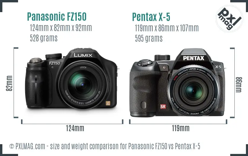 Panasonic FZ150 vs Pentax X-5 size comparison