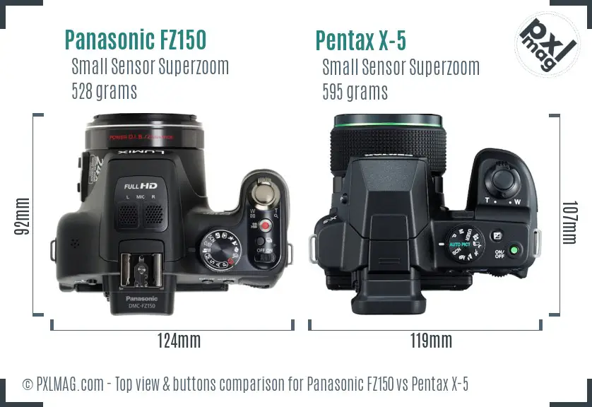 Panasonic FZ150 vs Pentax X-5 top view buttons comparison