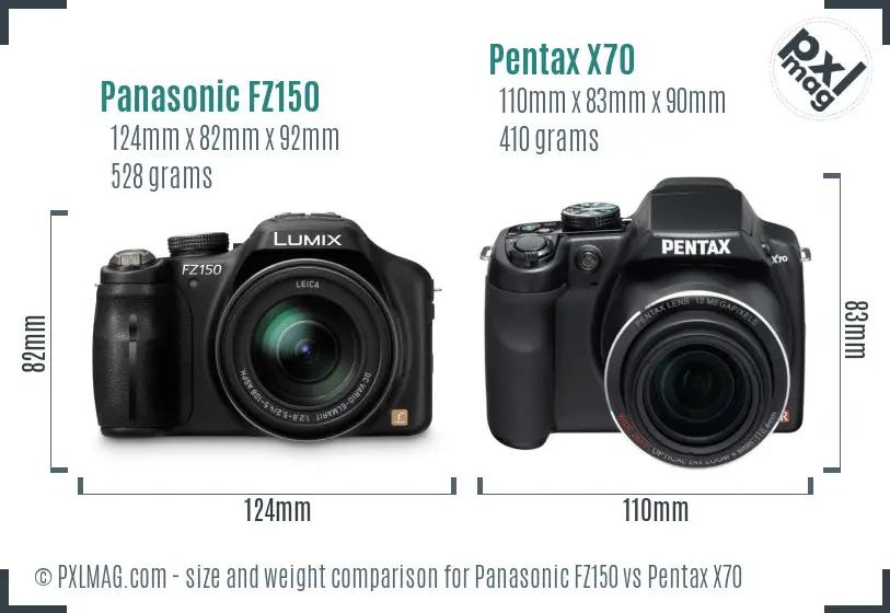 Panasonic FZ150 vs Pentax X70 size comparison