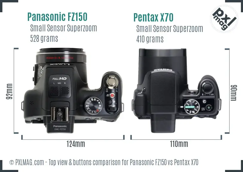 Panasonic FZ150 vs Pentax X70 top view buttons comparison