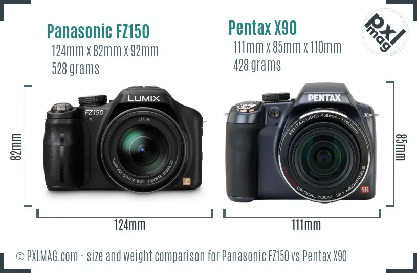 Panasonic FZ150 vs Pentax X90 size comparison