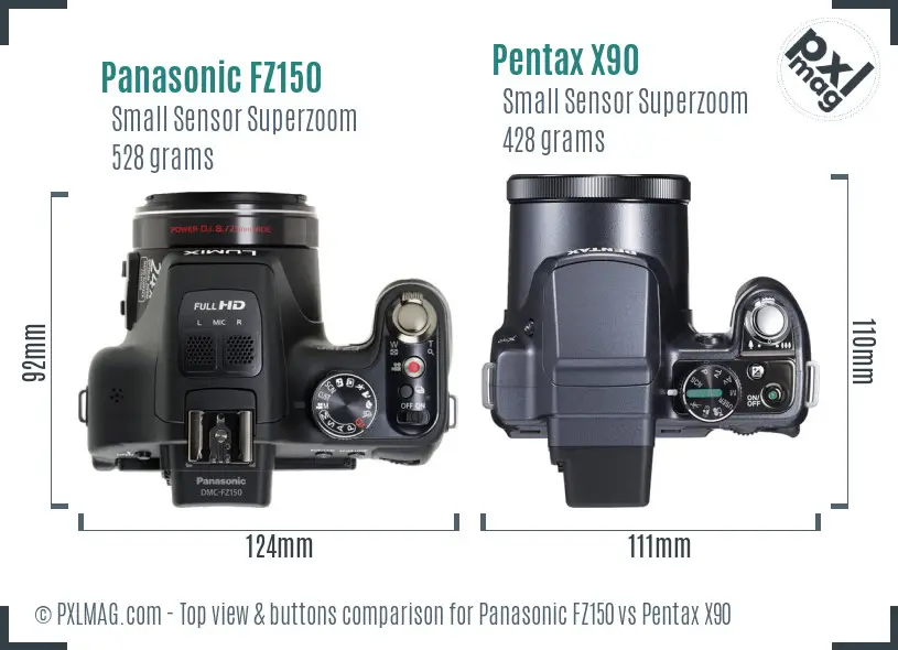 Panasonic FZ150 vs Pentax X90 top view buttons comparison