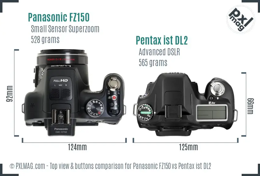 Panasonic FZ150 vs Pentax ist DL2 top view buttons comparison