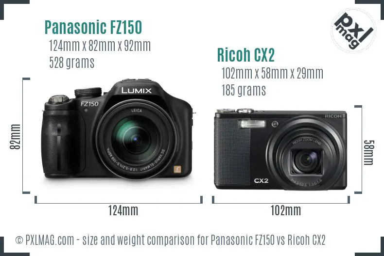 Panasonic FZ150 vs Ricoh CX2 size comparison Panasonic FZ150 vs Ricoh CX2 size comparison
