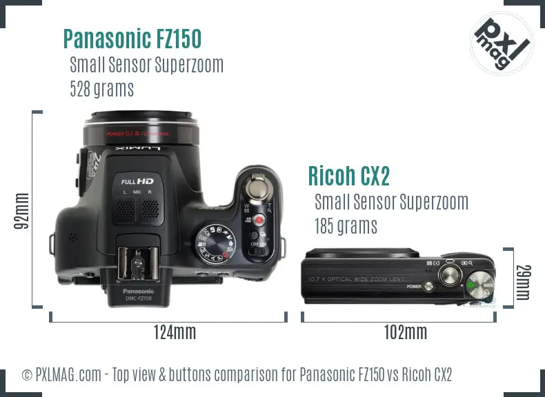 Panasonic FZ150 vs Ricoh CX2 top view buttons comparison Panasonic FZ150 vs Ricoh CX2 top view buttons comparison