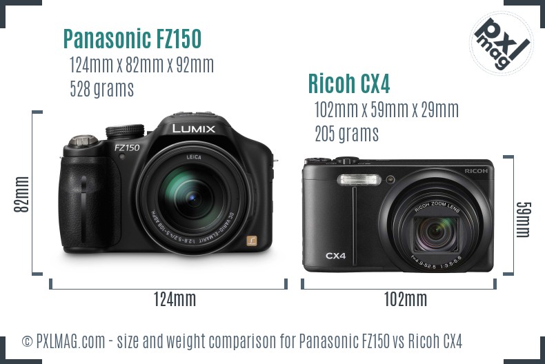 Panasonic FZ150 vs Ricoh CX4 size comparison Panasonic FZ150 vs Ricoh CX4 size comparison