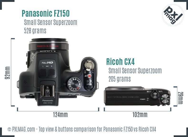 Panasonic FZ150 vs Ricoh CX4 top view buttons comparison