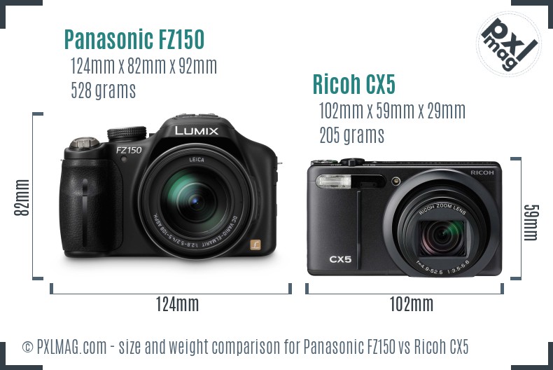 Panasonic FZ150 vs Ricoh CX5 size comparison