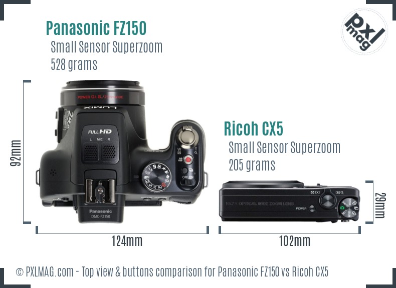 Panasonic FZ150 vs Ricoh CX5 top view buttons comparison