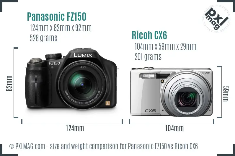 Panasonic FZ150 vs Ricoh CX6 size comparison