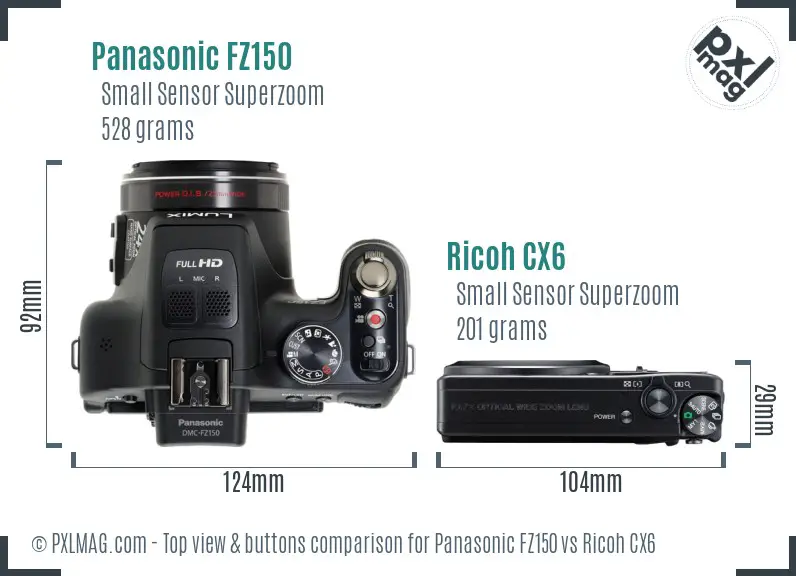 Panasonic FZ150 vs Ricoh CX6 top view buttons comparison