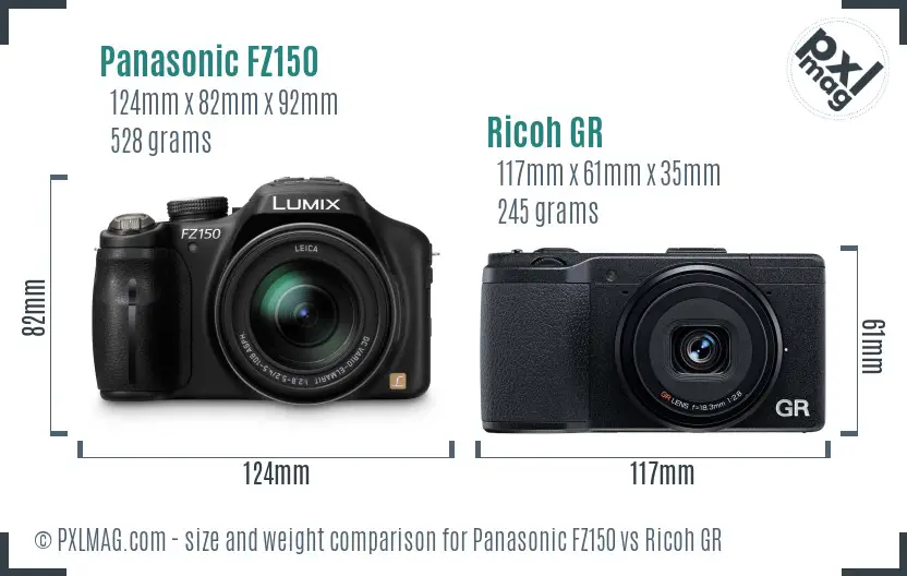 Panasonic FZ150 vs Ricoh GR size comparison