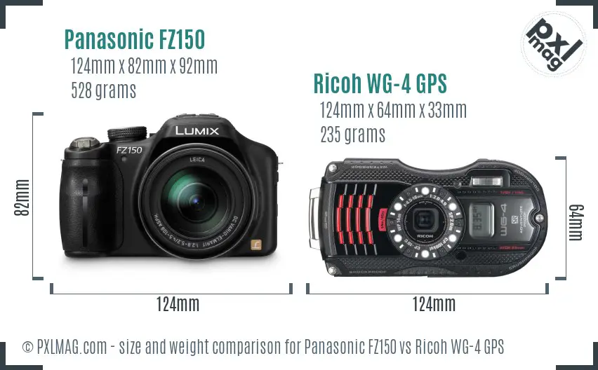 Panasonic FZ150 vs Ricoh WG-4 GPS size comparison