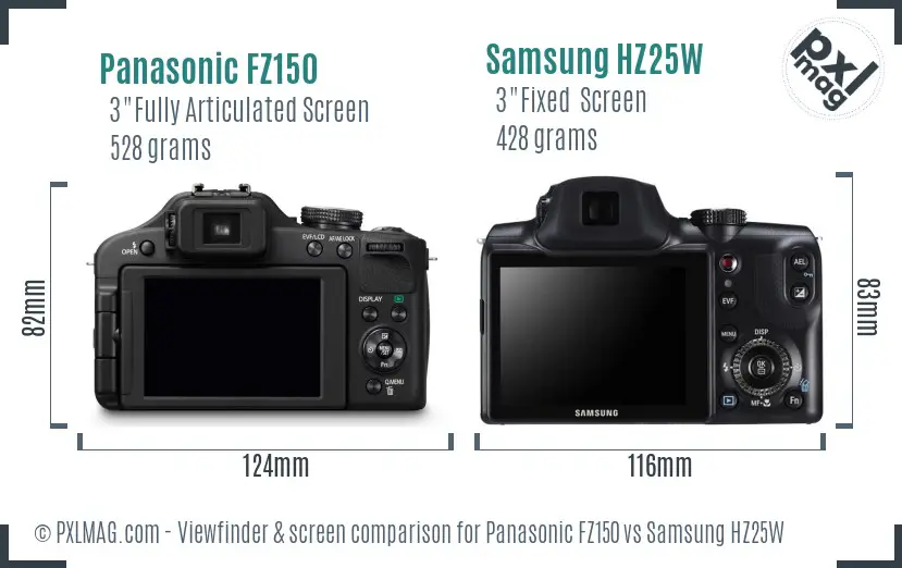 Panasonic FZ150 vs Samsung HZ25W Screen and Viewfinder comparison